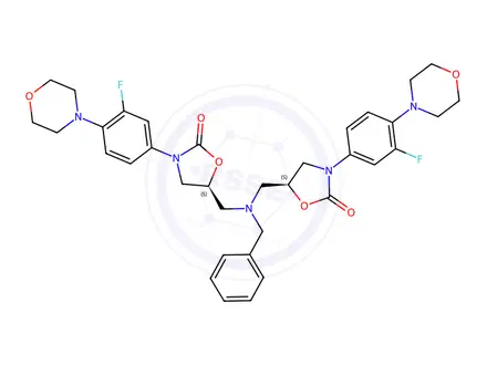 Chemical structure of (5S,5`S)-5,5`-((benzylazanediyl)bis(methylene))bis(3-(3-fluoro-4-morpholinophenyl)oxazolidin-2-one)