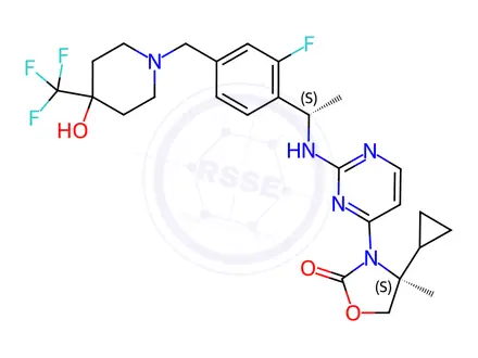 Chemical structure of 2-Oxazolidinone, 4-cyclopropyl-3-[2-[[(1S)-1-[2-fluoro-4-[[4-hydroxy-4-(trifluoromethyl)-1-piperidinyl]methyl]phenyl]ethyl]amino]-4-pyrimidinyl]-4-methyl-, (4S)-