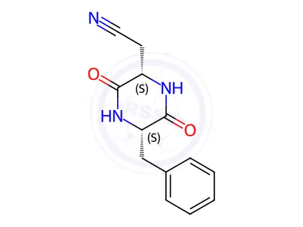 Chemical structure of (2S-cis)-3,6-Dioxo-5-(phenylmethyl)-2-piperazineacetonitrile