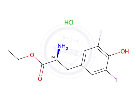 Chemical structure of Tyrosine, 3,5-diiodo-, ethyl ester, hydrochloride, L-