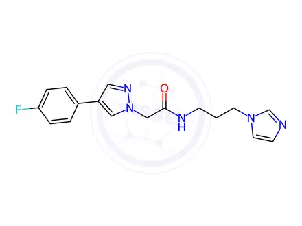 Chemical structure of N-(3-(1H-Imidazol-1-yl)propyl)-2-(4-(4-fluorophenyl)-1H-pyrazol-1-yl)acetamide