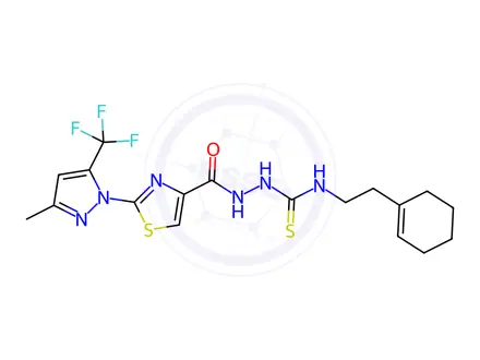 Chemical structure of N-({[2-(cyclohex-1-en-1-yl)ethyl]carbamothioyl}amino)-2-[3-methyl-5-(trifluoromethyl)-1H-pyrazol-1-yl]-1,3-thiazole-4-carboxamide