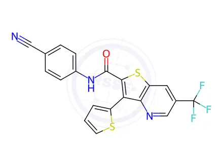 Chemical structure of N-(4-cyanophenyl)-3-(thiophen-2-yl)-6-(trifluoromethyl)thieno[3,2-b]pyridine-2-carboxamide