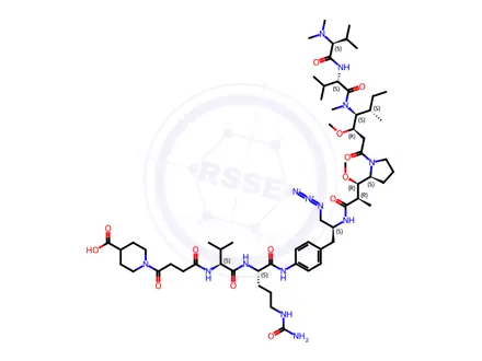 Chemical structure of 1-(4-(((S)-1-(((S)-1-((4-((S)-3-azido-2-((2R,3R)-3-((S)-1-((3R,4S,5S)-4-((S)-2-((S)-2-(dimethylamino)-3-methylbutanamido)-N,3-dimethylbutanamido)-3-methoxy-5-methylheptanoyl)pyrrolidin-2-yl)-3-methoxy-2-methylpropanamido)propyl)phenyl)amino)-1-oxo-5-ureidopentan-2-yl)amino)-3-methyl-1-oxobutan-2-yl)amino)-4-oxobutanoyl)piperidine-4-carboxylic acid