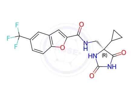 Chemical structure of (R)-N-((4-Cyclopropyl-2,5-dioxoimidazolidin-4-yl)methyl)-5-(trifluoromethyl)benzofuran-2-carboxamide