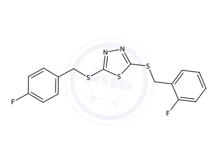 Chemical structure of 2-((2-Fluorobenzyl)thio)-5-((4-fluorobenzyl)thio)-1,3,4-thiadiazole