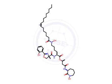 Chemical structure of Lysine, N2-[[4,5-dihydro-2-(2-hydroxyphenyl)-4-methyl-4-oxazolyl]carbonyl]-N6-hydroxy-N6-(1-oxo-7-hexadecenyl)-, 3-[(hexahydro-1-hydroxy-2-oxo-1H-azepin-3-yl)amino]-1-methyl-3-oxopropyl ester (9CI)