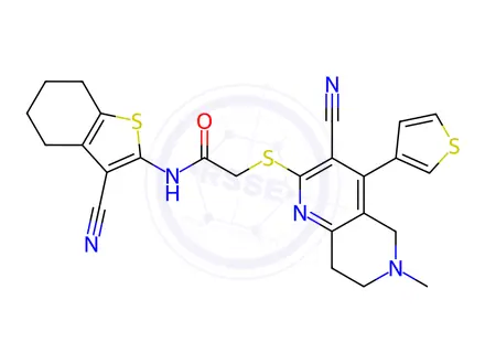 Chemical structure of N-(3-Cyano-4,5,6,7-tetrahydro-1-benzothiophen-2-yl)-2-{[3-cyano-6-methyl-4-(thiophen-3-yl)-5,6,7,8-tetrahydro-1,6-naphthyridin-2-yl]sulfanyl}acetamide