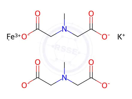 Chemical structure of potassium bis(N-carboxymethyl)-N-methyl-glycinato-(2-)N,O,O,N)-ferrate-(1-) monohydrate