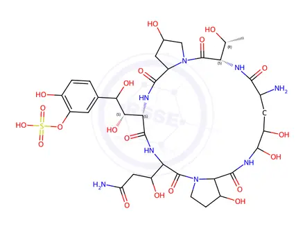 Chemical structure of rel-5-((2S)-2-((6S,23S)-9-Amino-20-(3-amino-1-hydroxy-3-oxopropyl)-2,11,12,15-tetrahydroxy-6-((R)-1-hydroxyethyl)-5,8,14,19,22,25-hexaoxotetracosahydro-1H-dipyrrolo[2,1-c:2',1'-l][1,4,7,10,13,16]hexaazacyclohenicosin-23-yl)-1,2-dihydroxyethyl)-2-hydroxyphenyl Hydrogen Sulfate