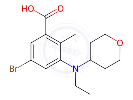 Chemical structure of 5-bromo-3-[ethyl(tetrahydro-2H-pyran-4-yl)amino]-2-methyl-Benzoic acid