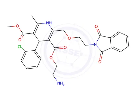 Chemical structure of 3-(2-aminoethyl) 5-methyl 4-(2-chlorophenyl)-2-((2-(1,3-dioxoisoindolin-2-yl)ethoxy)methyl)-6-methyl-1,4-dihydropyridine-3,5-dicarboxylate