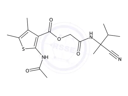 Chemical structure of 2-((2-Cyano-3-methylbutan-2-yl)amino)-2-oxoethyl 2-acetamido-4,5-dimethylthiophene-3-carboxylate