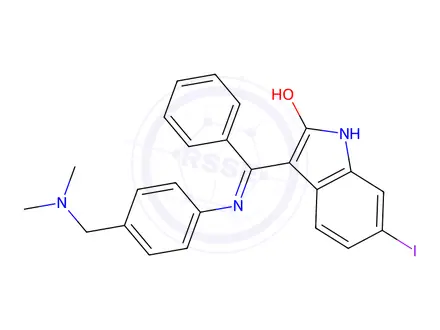 Chemical structure of (Z)-3-(((4-((dimethylamino)methyl)phenyl)amino)(phenyl)methylene)-6-iodoindolin-2-one
