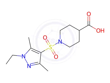 Chemical structure of 1-[(1-Ethyl-3,5-dimethyl-1H-pyrazol-4-yl)sulfonyl] piperidine-4-carboxylic acid