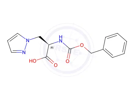 Chemical structure of (R)-2-(((benzyloxy)carbonyl)amino)-3-(1H-pyrazol-1-yl)propanoic acid