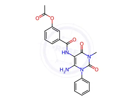 Chemical structure of 3-((6-Amino-3-methyl-2,4-dioxo-1-phenyl-1,2,3,4-tetrahydropyrimidin-5-yl)carbamoyl)phenyl acetate