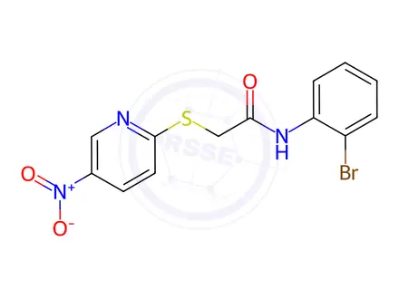 Chemical structure of N-(2-bromophenyl)-2-((5-nitropyridin-2-yl)thio)acetamide