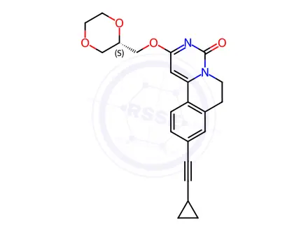 Chemical structure of (S)-2-((1,4-Dioxan-2-yl)methoxy)-9-(cyclopropylethynyl)-6,7-dihydro-4H-pyrimido[6,1-a]isoquinolin-4-one