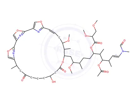 Chemical structure of 4-O-Acetyl-21-O-de(aminocarbonyl)-27-demethoxy-4-O,23,26-tridemethyl-6-deoxo-25-deoxy-6-(2,3-dimethoxy-1-oxopropoxy)-27-methyl-25-oxokabiramide C