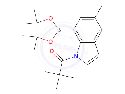 Chemical structure of 2,2-Dimethyl-1-(5-methyl-7-(4,4,5,5-tetramethyl-1,3,2-dioxaborolan-2-yl)-1H-indol-1-yl)propan-1-one