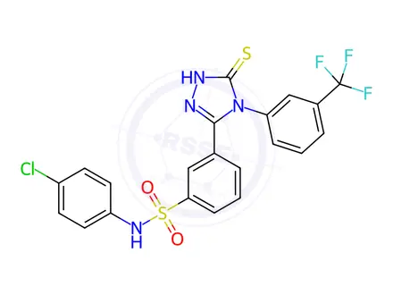 Chemical structure of N-(4-Chlorophenyl)-3-{5-sulfanyl-4-[3-(trifluoromethyl)phenyl]-4H-1,2,4-triazol-3-yl}benzene-1-sulfonamide