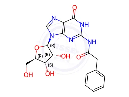 Chemical structure of N-(9-((2R,3R,4S,5R)-3,4-Dihydroxy-5-(hydroxymethyl)tetrahydrofuran-2-yl)-6-oxo-6,9-dihydro-1H-purin-2-yl)-2-phenylacetamide