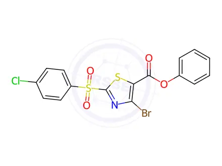 Chemical structure of Phenyl 4-bromo-2-((4-chlorophenyl)sulfonyl)thiazole-5-carboxylate
