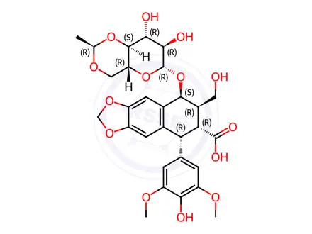 Chemical structure of (5R,6R,7R,8S)-8-(((2R,4aR,6R,7R,8R,8aS)-7,8-dihydroxy-2-methylhexahydropyrano[3,2-d][1,3]dioxin-6-yl)oxy)-5-(4-hydroxy-3,5-dimethoxyphenyl)-7-(hydroxymethyl)-5,6,7,8-tetrahydronaphtho[2,3-d][1,3]dioxole-6-carboxylic acid