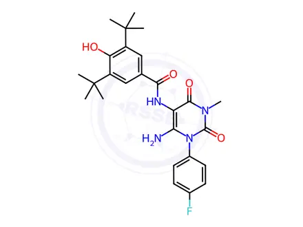 Chemical structure of N-(6-Amino-1-(4-fluorophenyl)-3-methyl-2,4-dioxo-1,2,3,4-tetrahydropyrimidin-5-yl)-3,5-di-tert-butyl-4-hydroxybenzamide