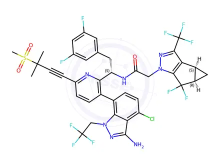 Chemical structure of N-((S)-1-(3-(3-Amino-4-chloro-1-(2,2,2-trifluoroethyl)-1H-indazol-7-yl)-6-(3-methyl-3-(methylsulfonyl)but-1-yn-1-yl)pyridin-2-yl)-2-(3,5-difluorophenyl)ethyl)-2-((3bS,4aR)-5,5-difluoro-3-(trifluoromethyl)-3b,4,4a,5-tetrahydro-1H-cyclopropa[3,4]cyclopenta[1,2-c]pyrazol-1-yl)acetamide
