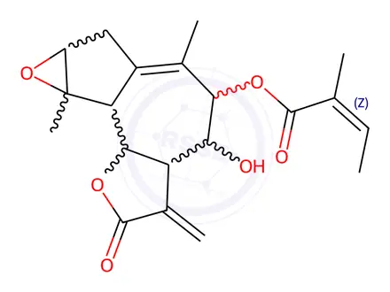 Chemical structure of 2-Methyl-2-butenoic acid 2,3,3a,4,5,7,7a,8a,8b,8c-decahydro-4-hydroxy-6,8a-dimethyl-3-methylene-2-oxooxireno[2,3]azuleno[4,5-b]furan-5-yl ester