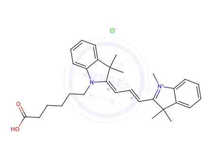 Chemical structure of 2-(3-(1-(5-Carboxypentyl)-3,3-dimethylindolin-2-ylidene)prop-1-en-1-yl)-1,3,3-trimethyl-3H-indol-1-ium iodide