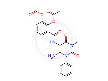 Chemical structure of 3-((6-Amino-3-methyl-2,4-dioxo-1-phenyl-1,2,3,4-tetrahydropyrimidin-5-yl)carbamoyl)-1,2-phenylene diacetate