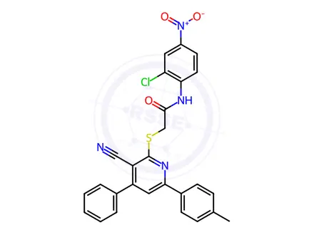 Chemical structure of N-(2-chloro-4-nitrophenyl)-2-((3-cyano-4-phenyl-6-(p-tolyl)pyridin-2-yl)thio)acetamide