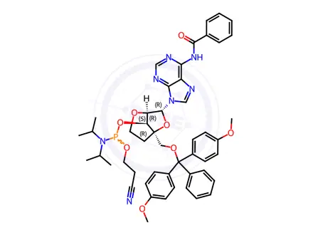 Chemical structure of Benzamide, N-[9-[2,6-anhydro-4-C-[[bis(4-methoxyphenyl)phenylmethoxy]methyl]-3-O-[[bis(1-methylethyl)amino](2-cyanoethoxy)phosphino]-5-deoxy-α-L-lyxo-hexofuranosyl]-9H-purin-6-yl]-