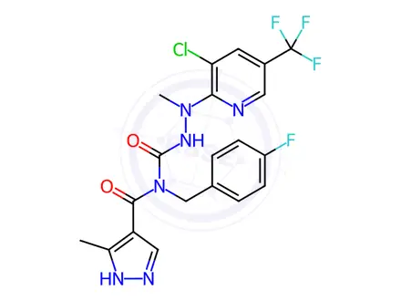Chemical structure of N-(2-(3-chloro-5-(trifluoromethyl)pyridin-2-yl)-2-methylhydrazine-1-carbonyl)-N-(4-fluorobenzyl)-5-methyl-1H-pyrazole-4-carboxamide