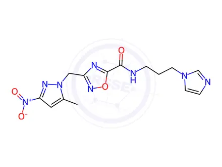Chemical structure of N-(3-imidazol-1-ylpropyl)-3-[(5-methyl-3-nitropyrazol-1-yl)methyl]-1,2,4-oxadiazole-5-carboxamide