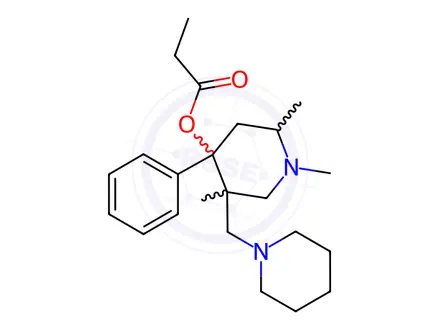 Chemical structure of [1,2,5-trimethyl-4-phenyl-5-(1-piperidylmethyl)-4-piperidyl] propanoate dihydrochloride