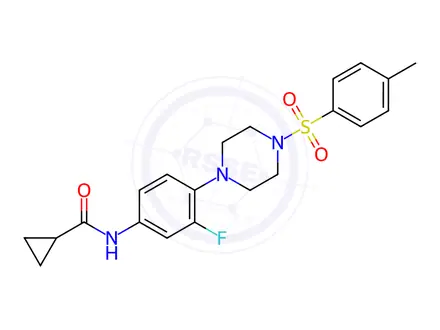 Chemical structure of N-(3-fluoro-4-(4-tosylpiperazin-1-yl)phenyl)cyclopropanecarboxamide