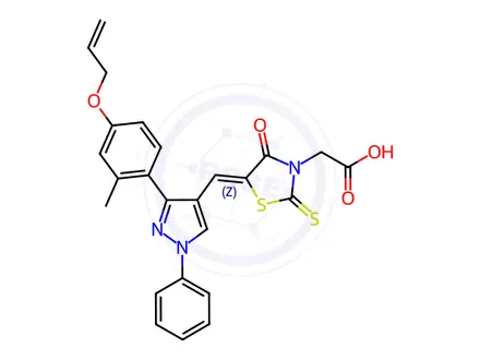 Chemical structure of 2-(5-((3-(4-(Allyloxy)-2-methylphenyl)-1-phenyl-1H-pyrazol-4-yl)methylene)-4-oxo-2-thioxothiazolidin-3-yl)acetic acid