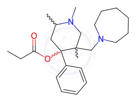 Chemical structure of [5-(azepan-1-ylmethyl)-1,2,5-trimethyl-4-phenyl-4-piperidyl] propanoate dihydrochloride