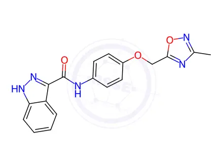 Chemical structure of N-(4-((3-methyl-1,2,4-oxadiazol-5-yl)methoxy)phenyl)-1H-indazole-3-carboxamideN-(4-((3-methyl-1,2,4-oxadiazole-5-yl)methoxy)phenyl)-1H-indazole-3-carboxylic acid amide