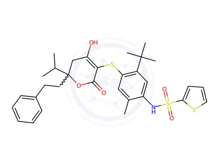 Chemical structure of N-(5-(tert-Butyl)-4-((4-hydroxy-6-isopropyl-2-oxo-6-phenethyl-5,6-dihydro-2H-pyran-3-yl)thio)-2-methylphenyl)thiophene-2-sulfonamide
