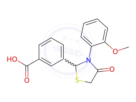 Chemical structure of Benzoic acid, 3-[3-(2-methoxyphenyl)-4-oxo-2-thiazolidinyl]-
