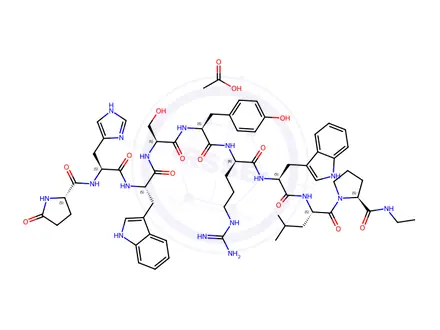 Chemical structure of 5-oxo-L-prolyl-L-histidyl-L-tryptophyl-L-seryl-L-tyrosyl-D-arginyl-L-tryptophyl-L-leucyl-N-ethyl-L-Prolinamide acetate