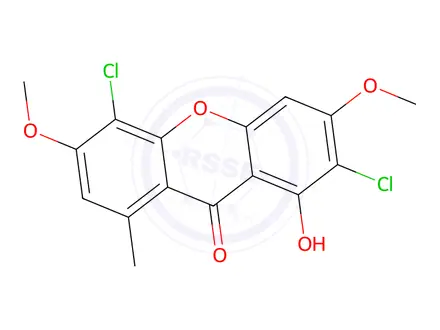 Chemical structure of 2,5-dichloro-1-hydroxy-3,6-dimethoxy-8-methyl-xanthen-9-one