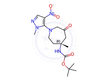 Chemical structure of Carbamic acid, N-[(4R)-hexahydro-4-methyl-1-(1-methyl-4-nitro-1H-pyrazol-5-yl)-6-oxo-1H-azepin-4-yl]-, 1,1-dimethylethyl ester