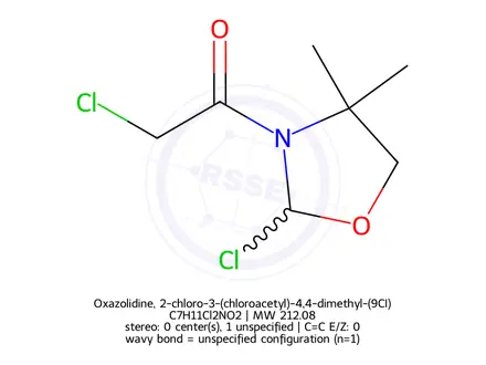 Chemical structure of Oxazolidine, 2-chloro-3-(chloroacetyl)-4,4-dimethyl-(9CI)