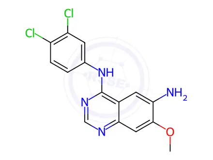 Chemical structure of N4-(3,4-Dichlorophenyl)-7-methoxyquinazoline-4,6-diamine (Dacomitinib Impurity)